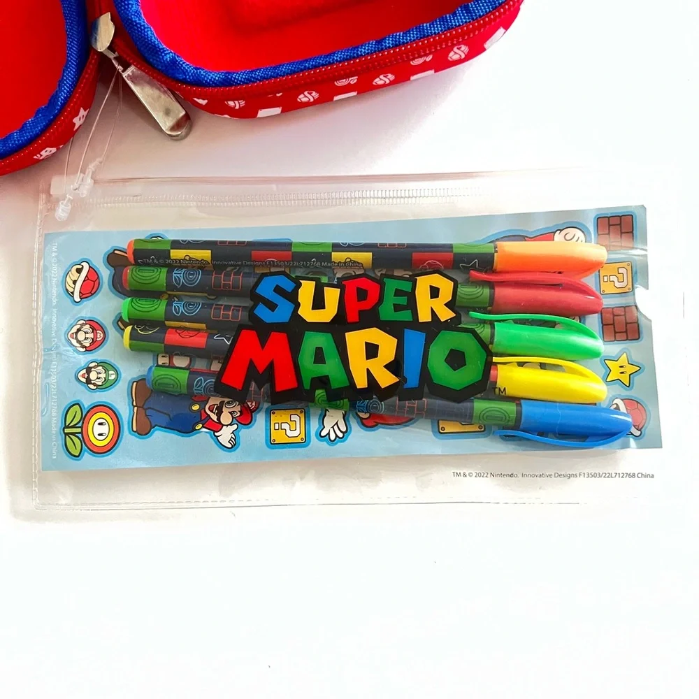 NEW Nintendo Super Mario Pencil Case & Pens & Stickers Set